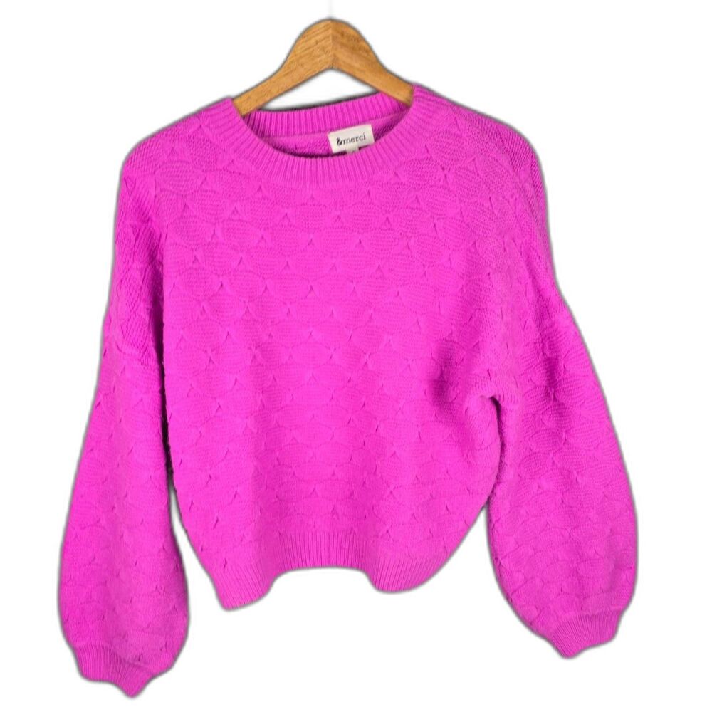 Merci Pink Fuzzy Puff Sleeve Drop Shoulder Pullover Sweater Small Cottagecore